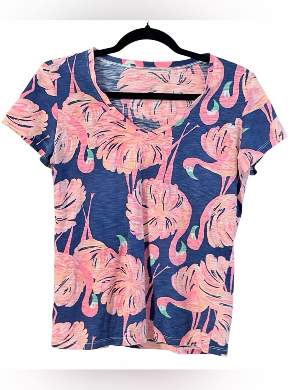 Lilly Pulitzer Flamingo Print V-Neck Tee Shirt Blue Pink Tropical Size Medium